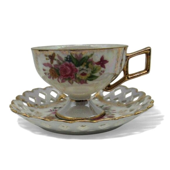 SHAFFORD Cup And Saucer Floral Design Gold Accents IRIDESCENT Finish Japan - Picture 1 of 11